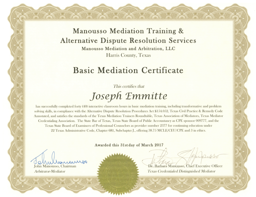 Joseph Emmitte Basic Mediation Certificate Di Cass Construction